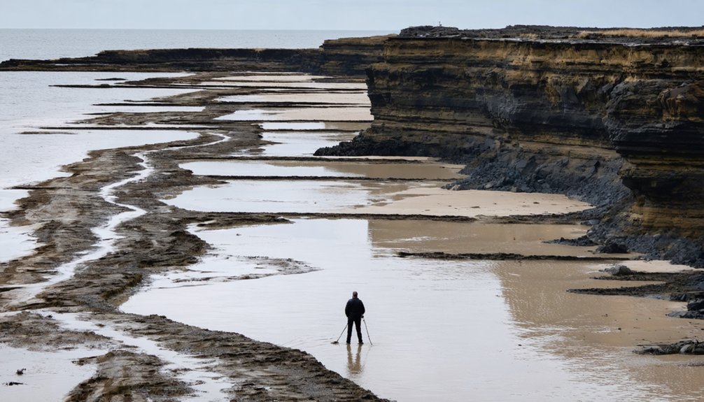 stratified sediment with metallic deposits