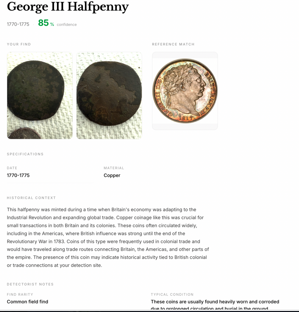 Subterrix Aidentify result identifying a George III Halfpenny at 85% confidence with reference match