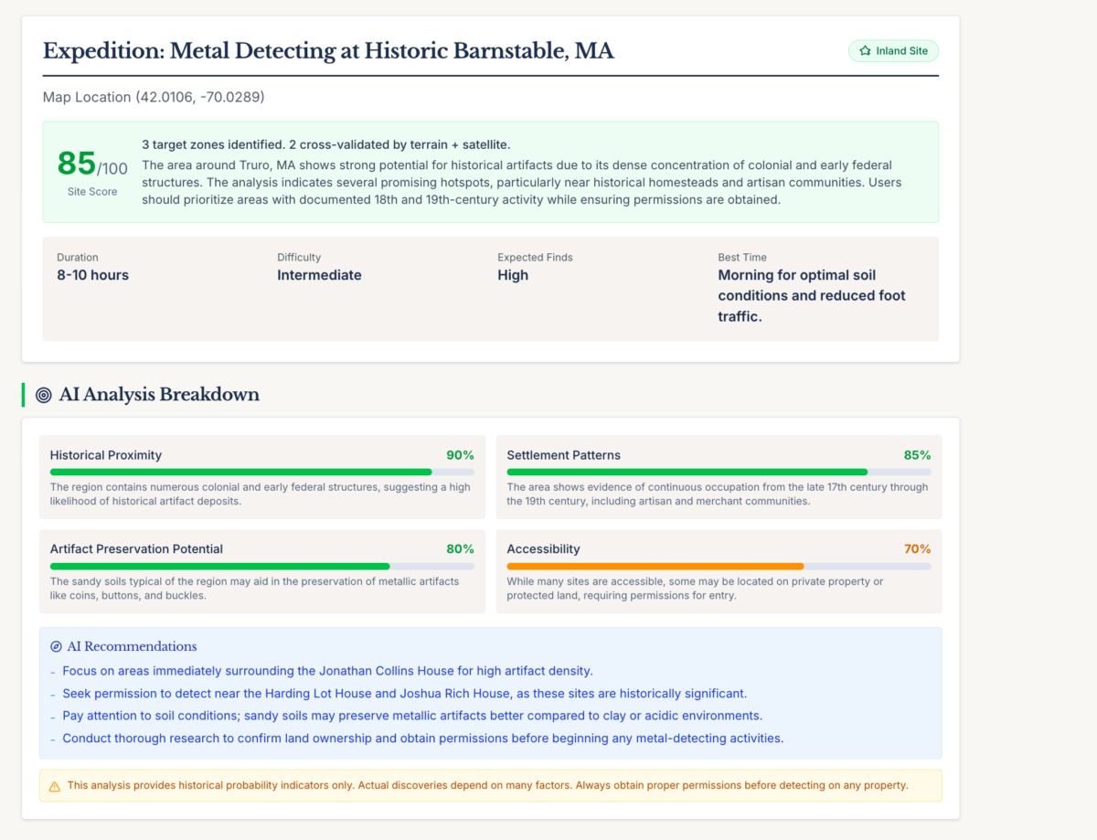 Subterrix Expedition Planner output for Barnstable, MA with 85/100 site score and AI analysis breakdown