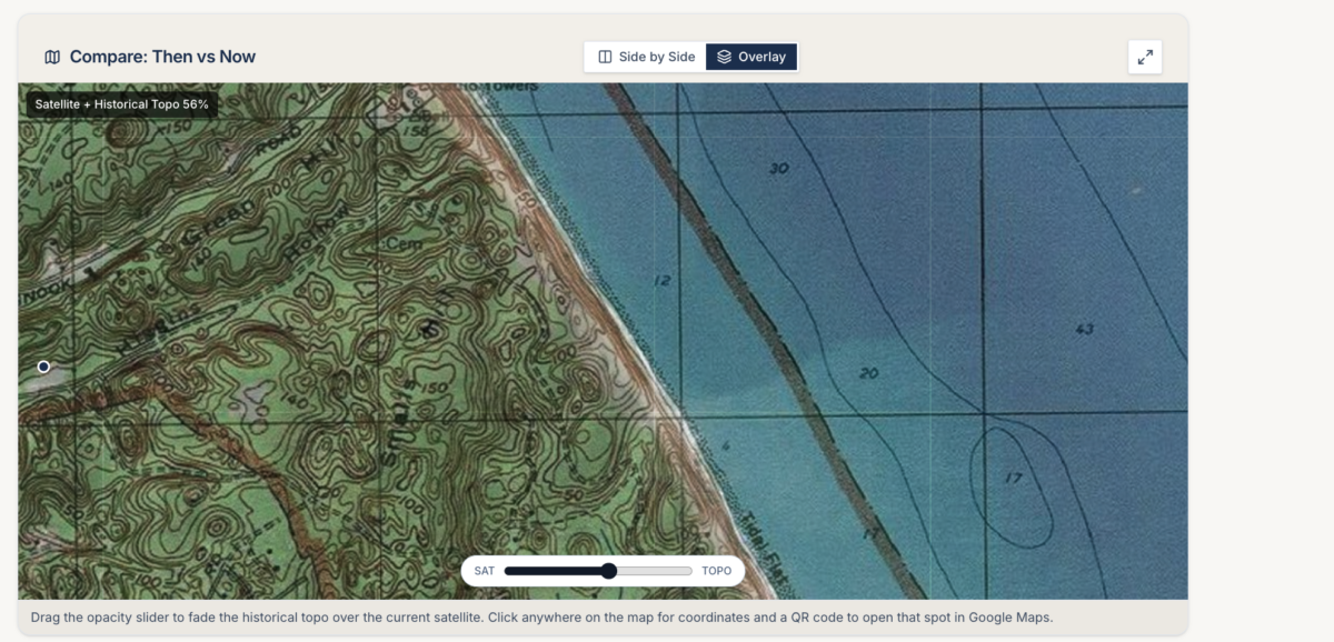 iLiDAR Then vs Now historical topo overlay against modern satellite imagery