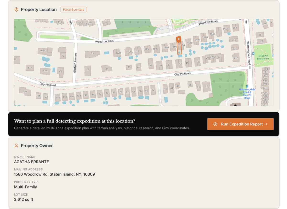 Subterrix Re-Con Property Report showing parcel boundary, owner info, and expedition planning option