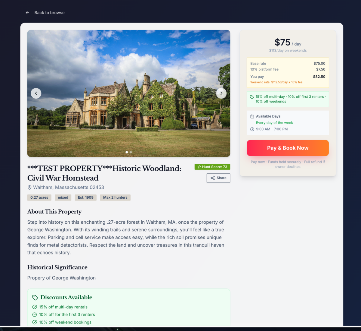 Subterrix Rent and Detect marketplace property listing with hunt score, daily rate, and booking details